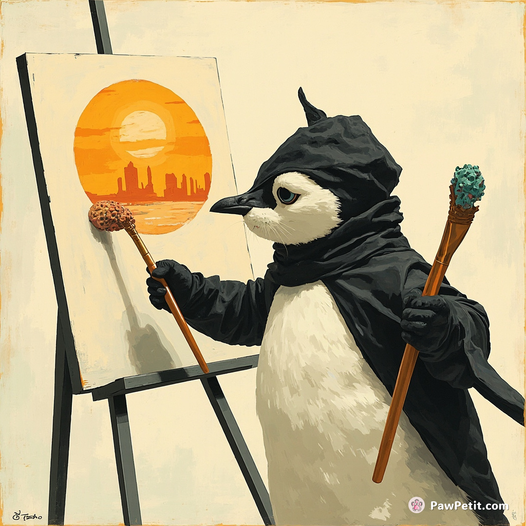 A cat burglar, cleverly disguised as a notable penguin artist, painting an abstract skyline of Venus with octopus tentacle brushes in the midst of an undead cheese convention.