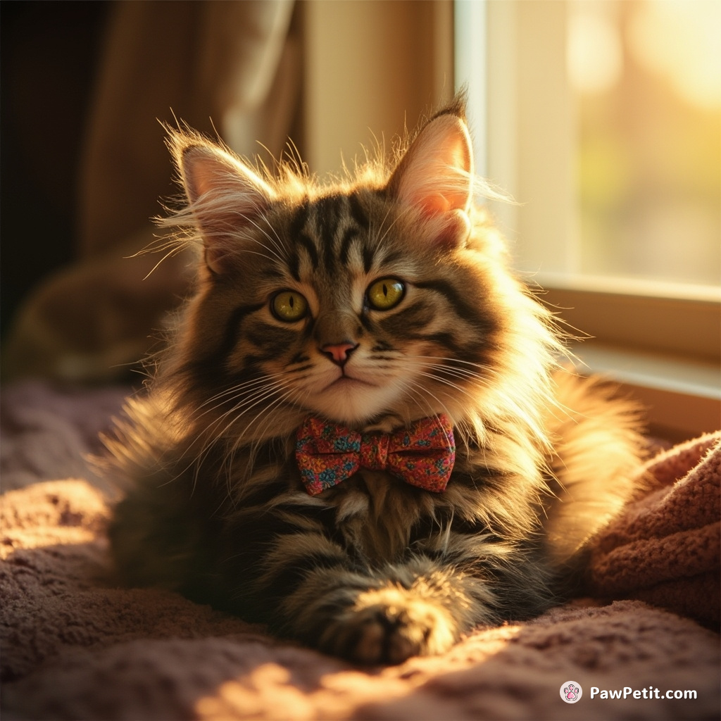 Fluffy dons a bowtie, attempts yoga, but ends up napping in the sunbeam instead.