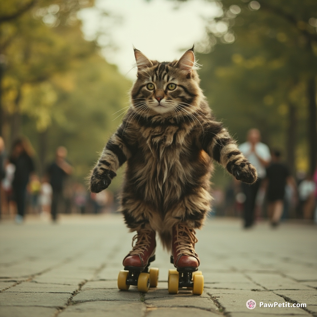 Amid the frenzy, a suave feline, perched on roller-skates, deftly navigated the park - tranquility epitomized amidst chaos.