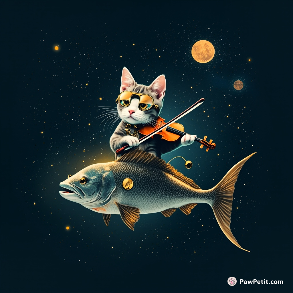 Cosmic steampunk cat playing a violin made of starlight on top of a flying fish in an underwater disco.
