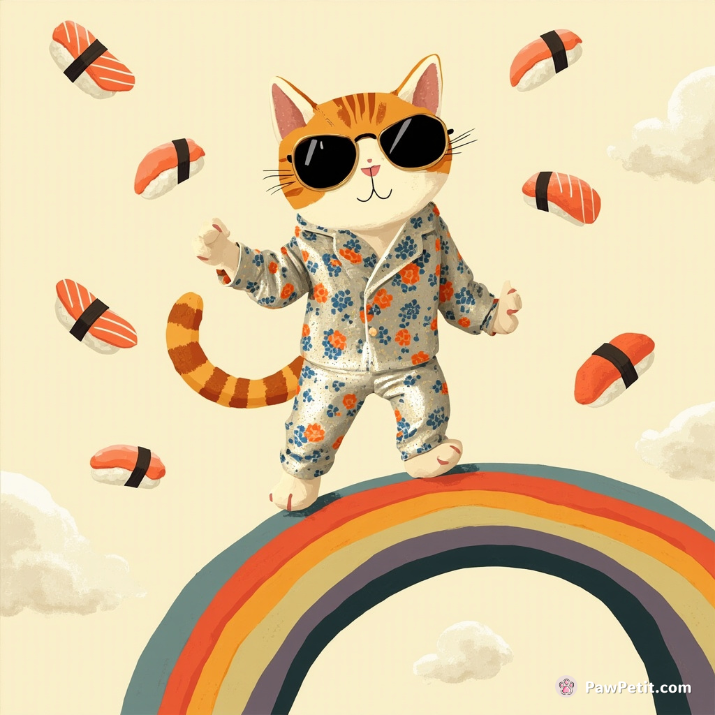 Cat moonwalking on a rainbow, wearing a disco suit and oversized sunglasses, against a backdrop of floating sushi.