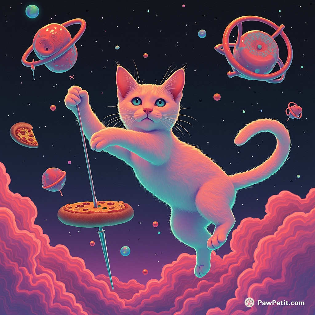 Cat threading a needle with its tail, in zero gravity space, amidst squids and floating pizzas.