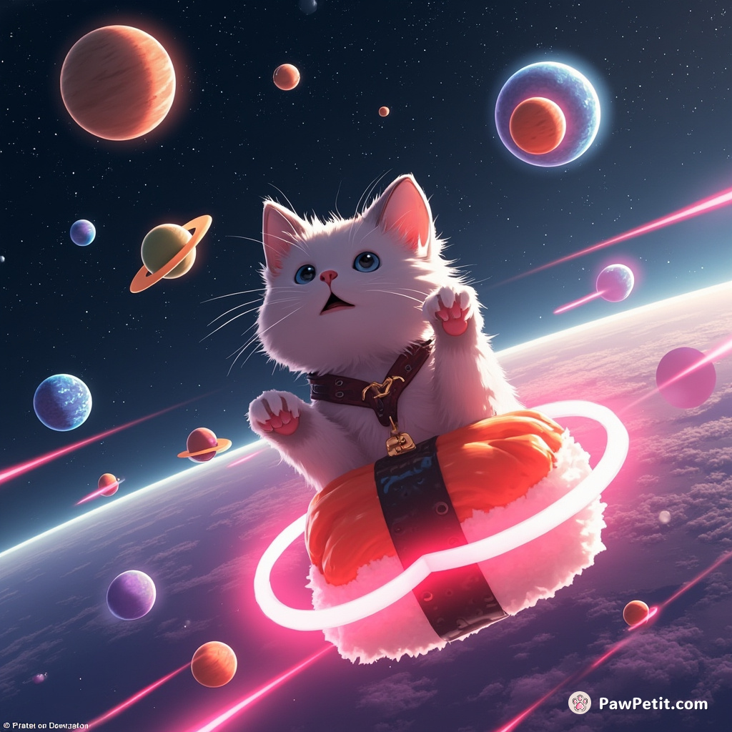 A cat juggling miniature planets while riding a neon sushi roll in zero gravity.