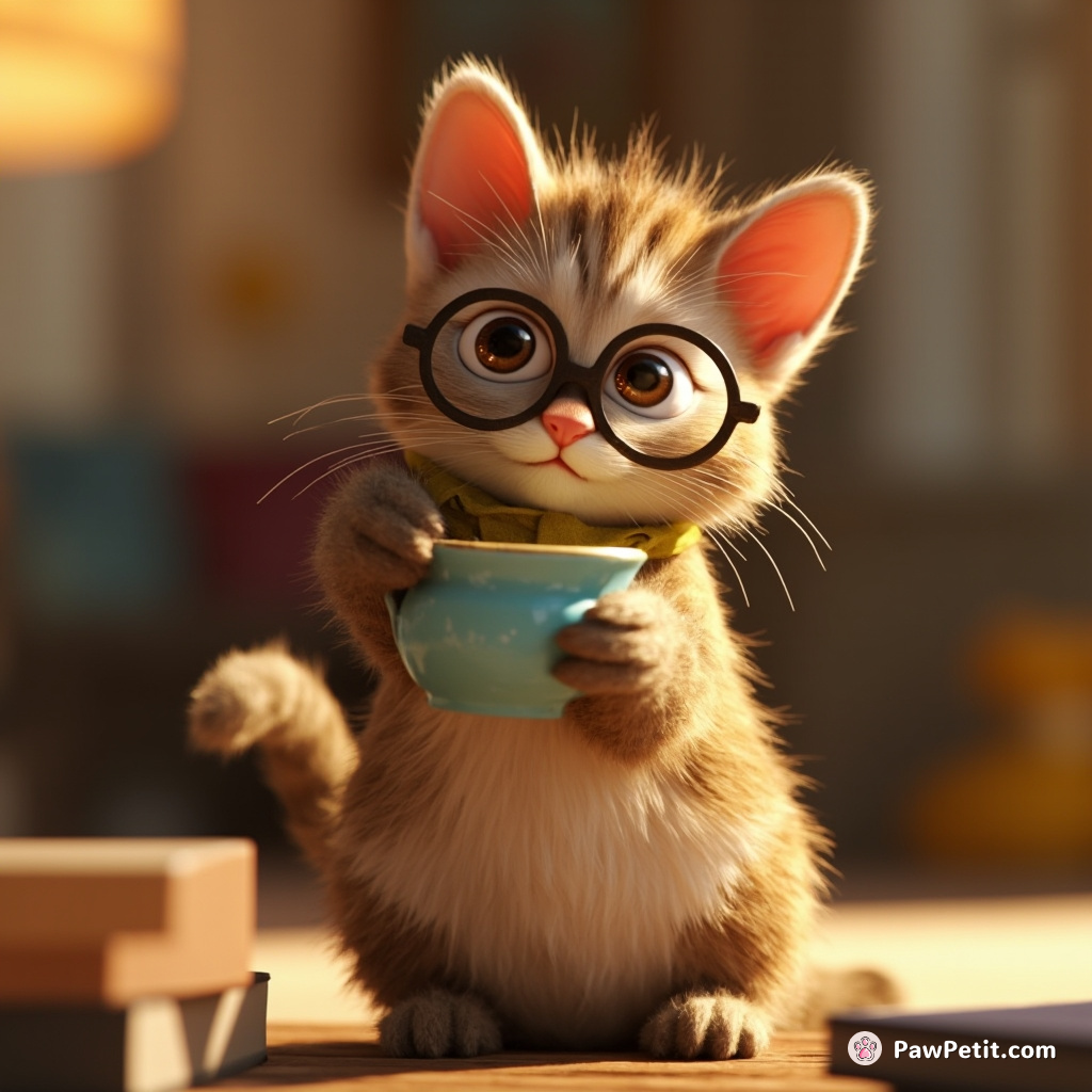 Cat stands upright, wearing tiny spectacles, sipping tea with a paw, nodding sagely at human conversation.