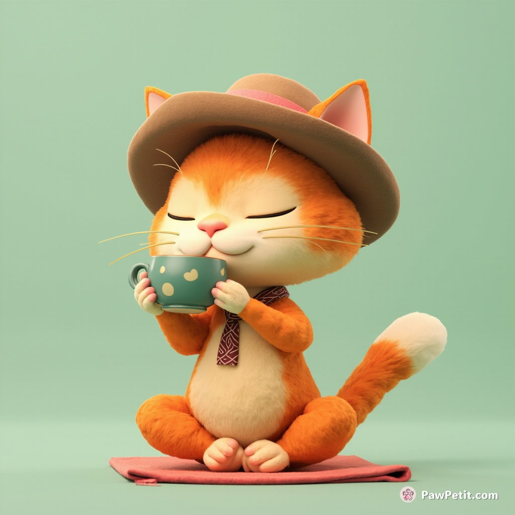 A cat dons a tiny hat, sipping tea and practicing yoga to mimic human sophistication.