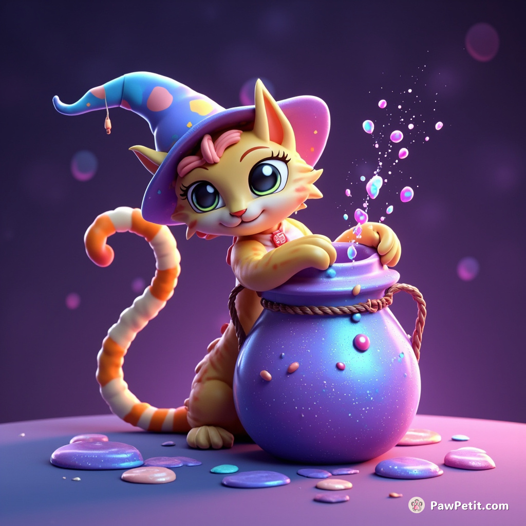 A magical cat stirring a bubbling galaxy potion with its long, curly tail.
