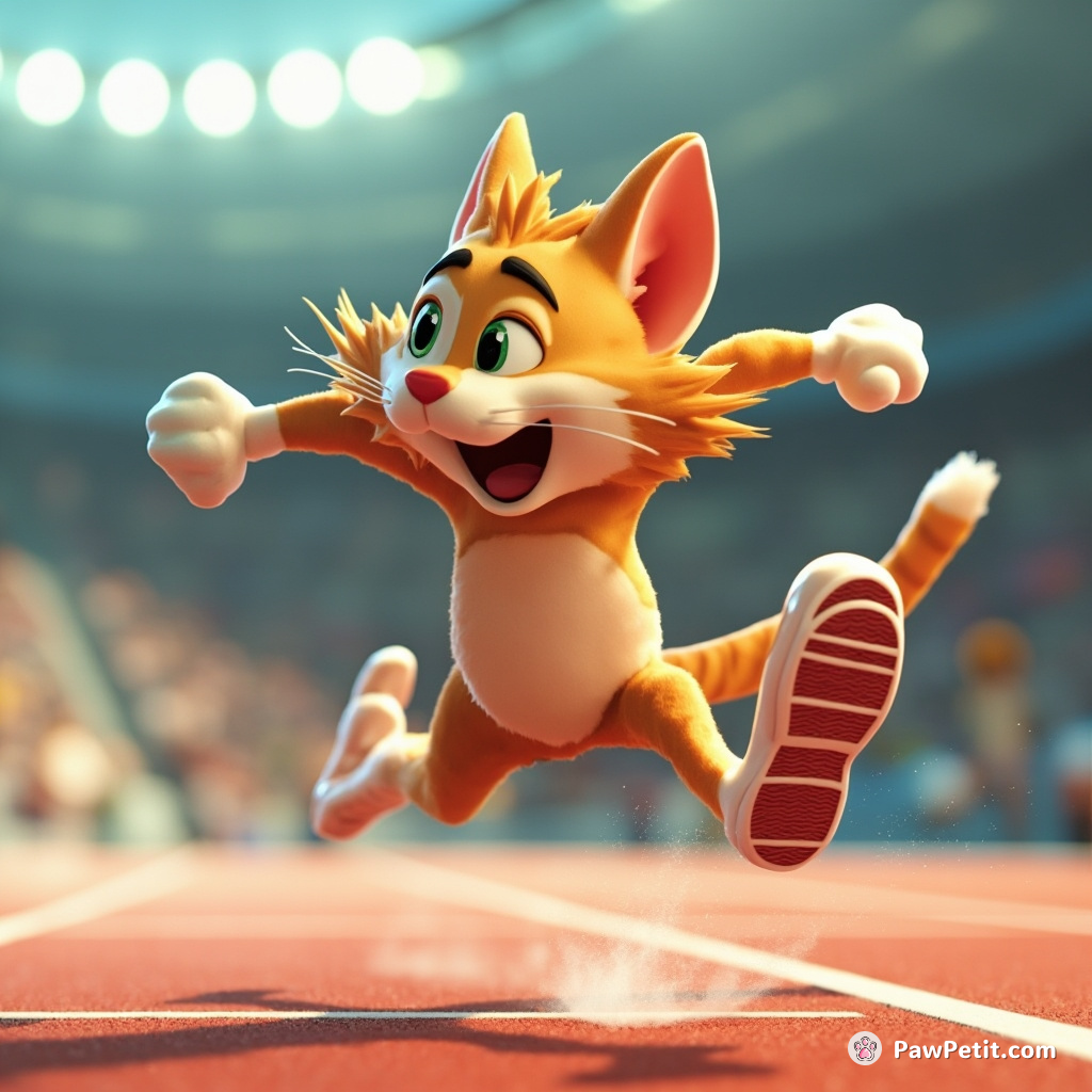 Whiskers the cat attempts to outpace Olympic sprinters, flicking its tail arrogantly as it fails hilariously.