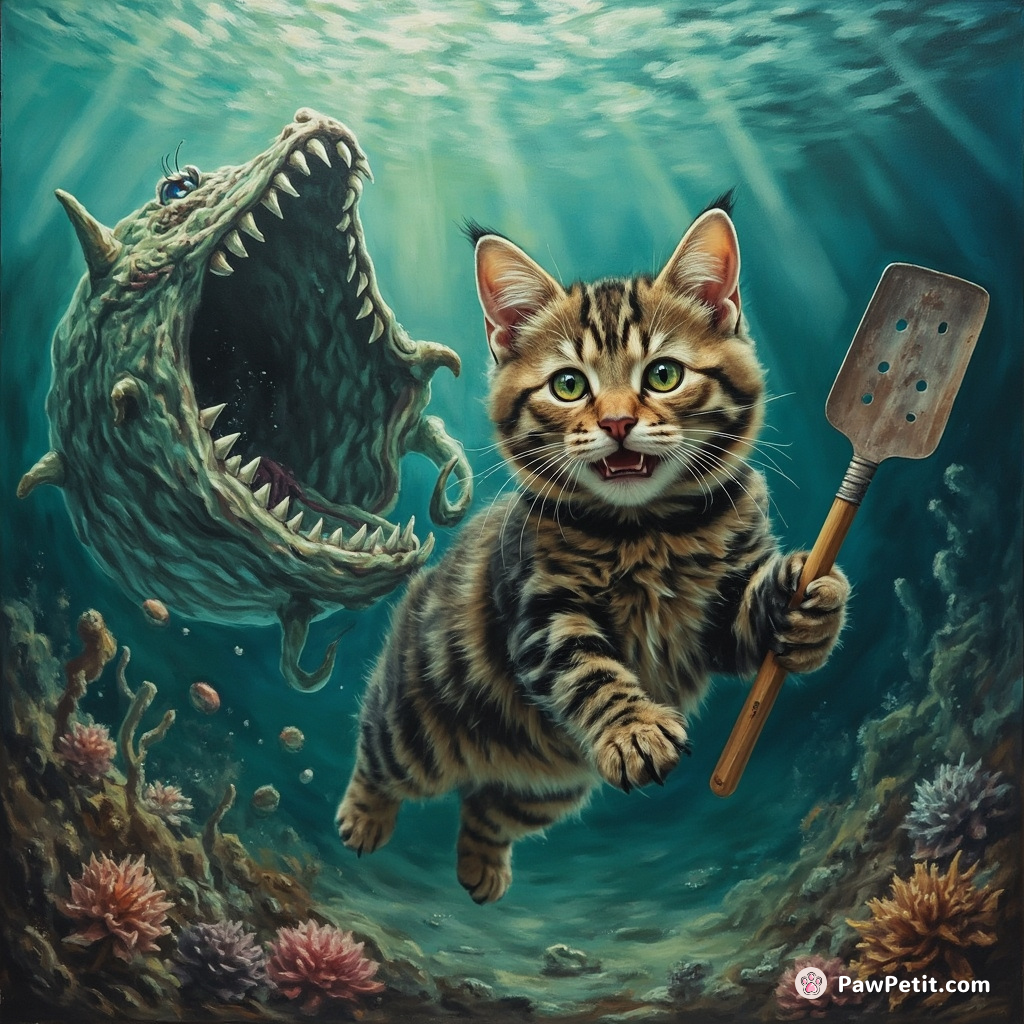 A tabby cat underwater, unhappily battling a furious sea monster with a colossal spatula.