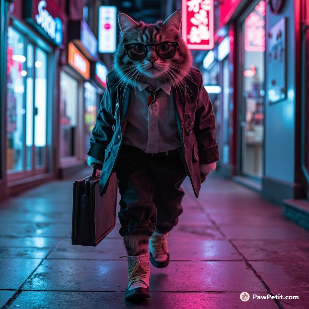 Cat, donning glasses and briefcase, attempts a business-like strut before stumbling over laces of her stolen sneakers.