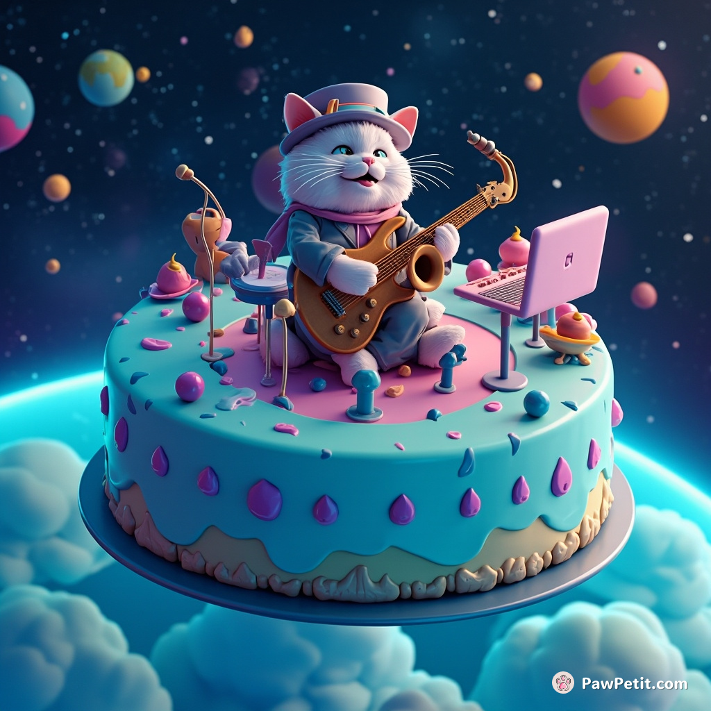 A mysterious cat jazz band streams a live performance on top of a gigantic blue cheesecake in outer space.