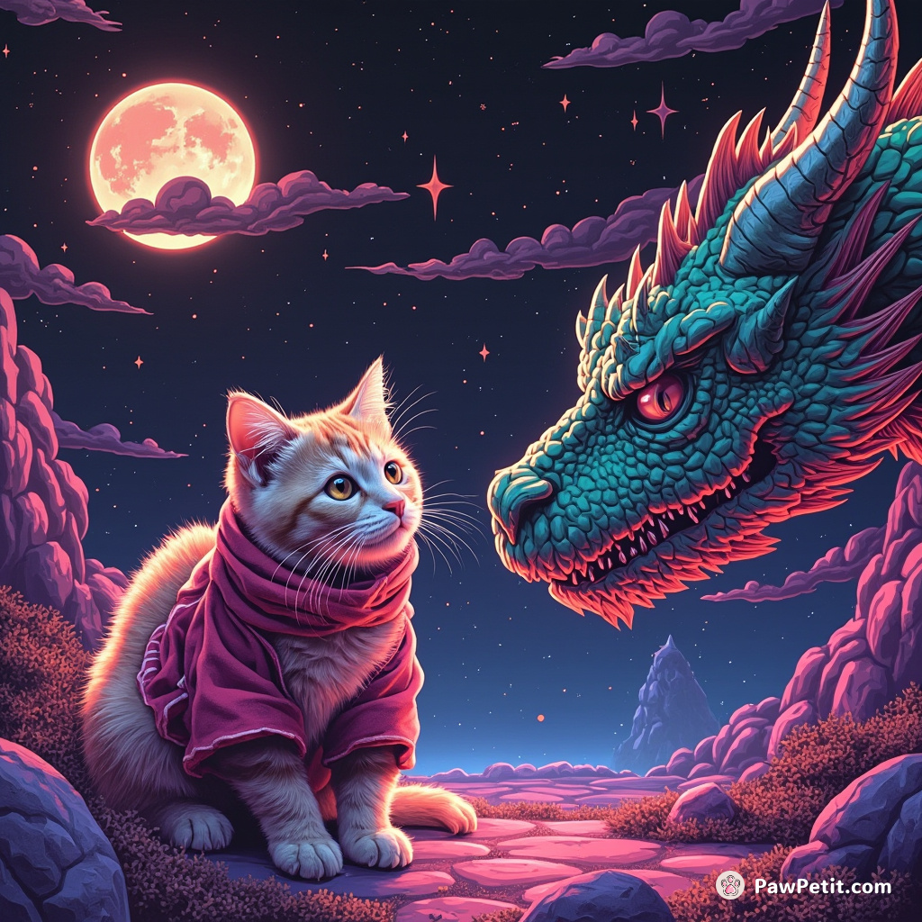 Cat accidentally knighted after batting a dragon's eye, mistook for human hero's fearless gesture.