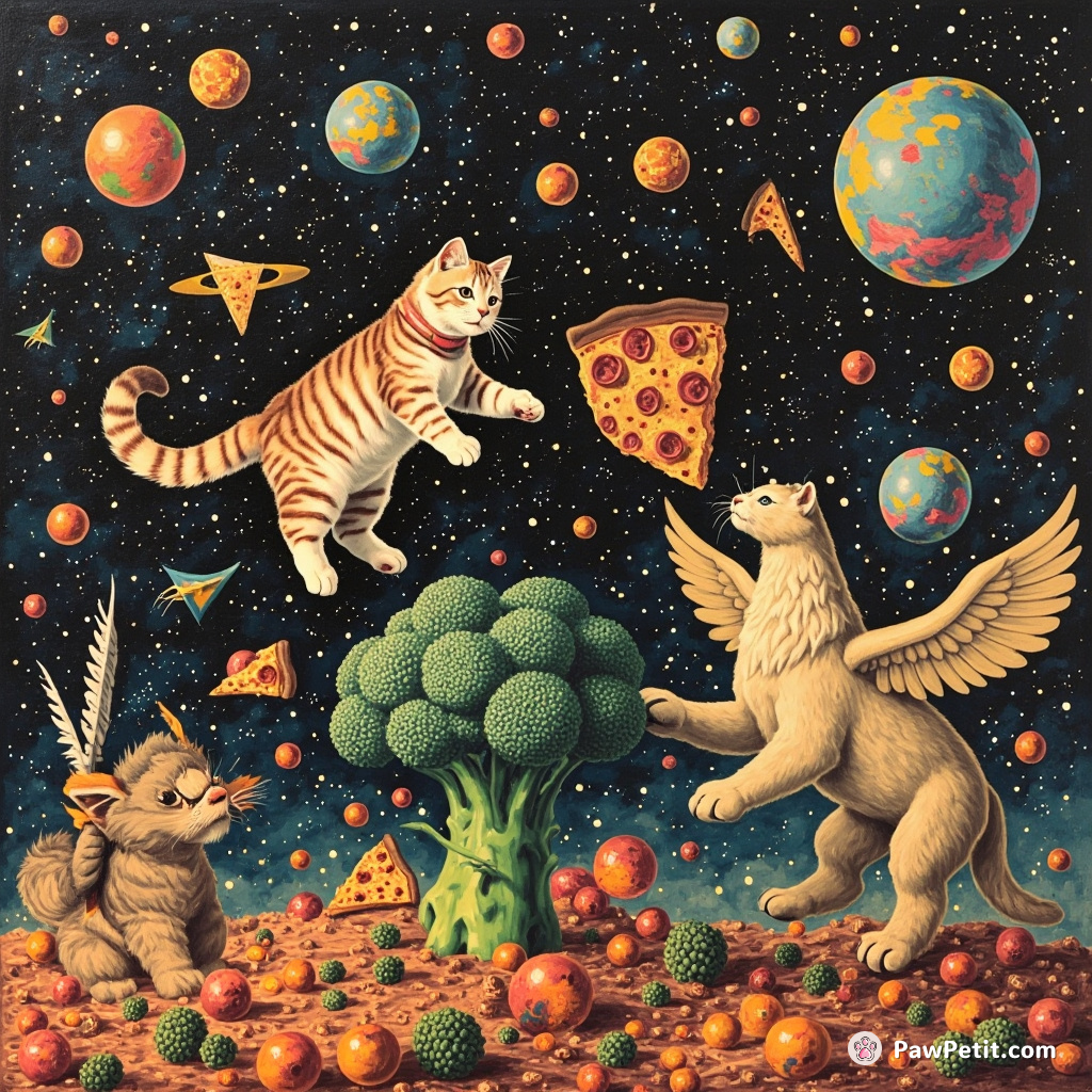 Cat air jousting on a gigantic broccoli against a griffin in an outer space gallery of cubist pizza paintings