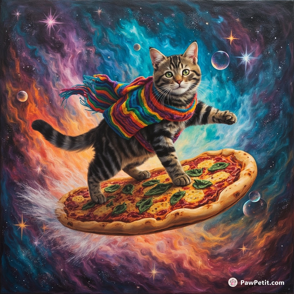 Cat surfing on a slice of rainbow pizza in a zero gravity galaxy.