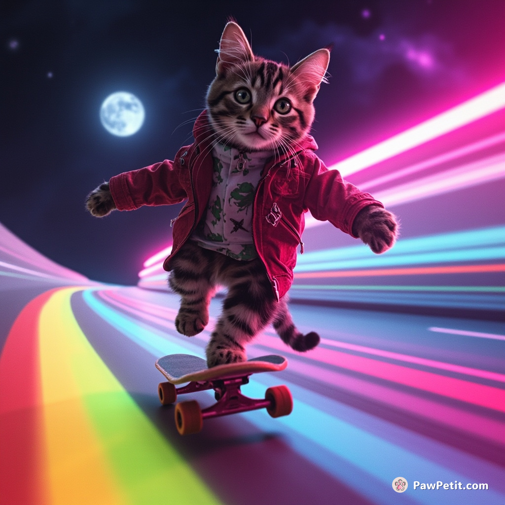 A cat doing high-speed skateboard tricks along a rainbow road in outer space.