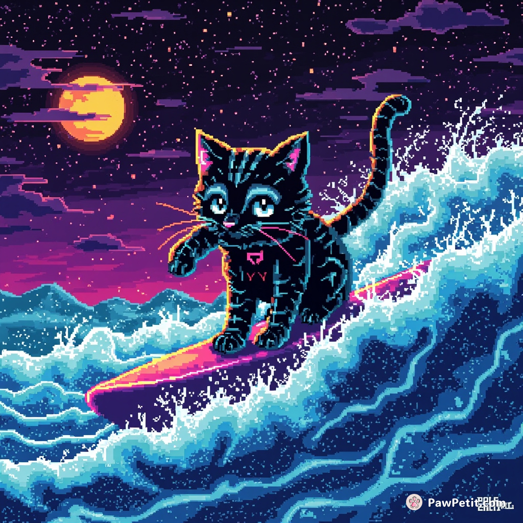 Cybernetic cat surfing on a wave of binary data in a digital landscape.