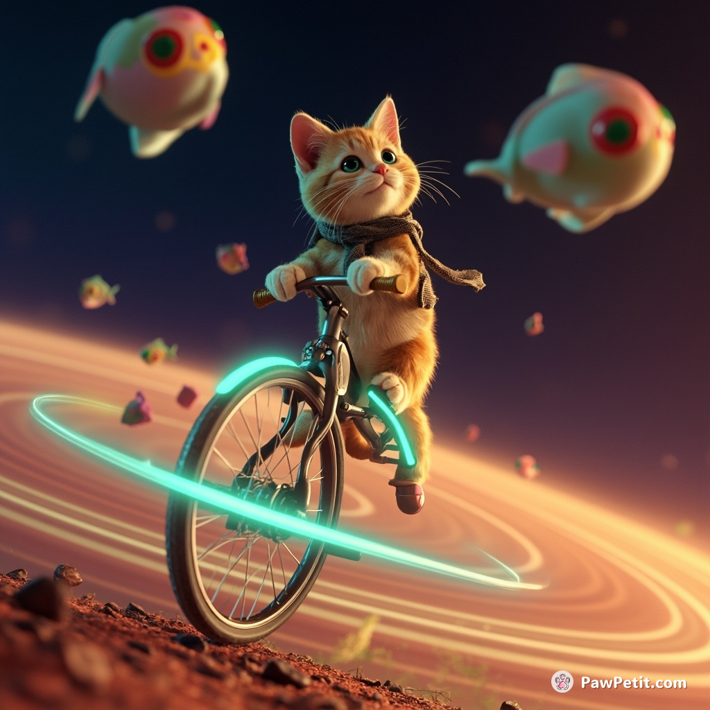 A cat riding a fluorescent unicycle on Saturn's rings while juggling alien fish.