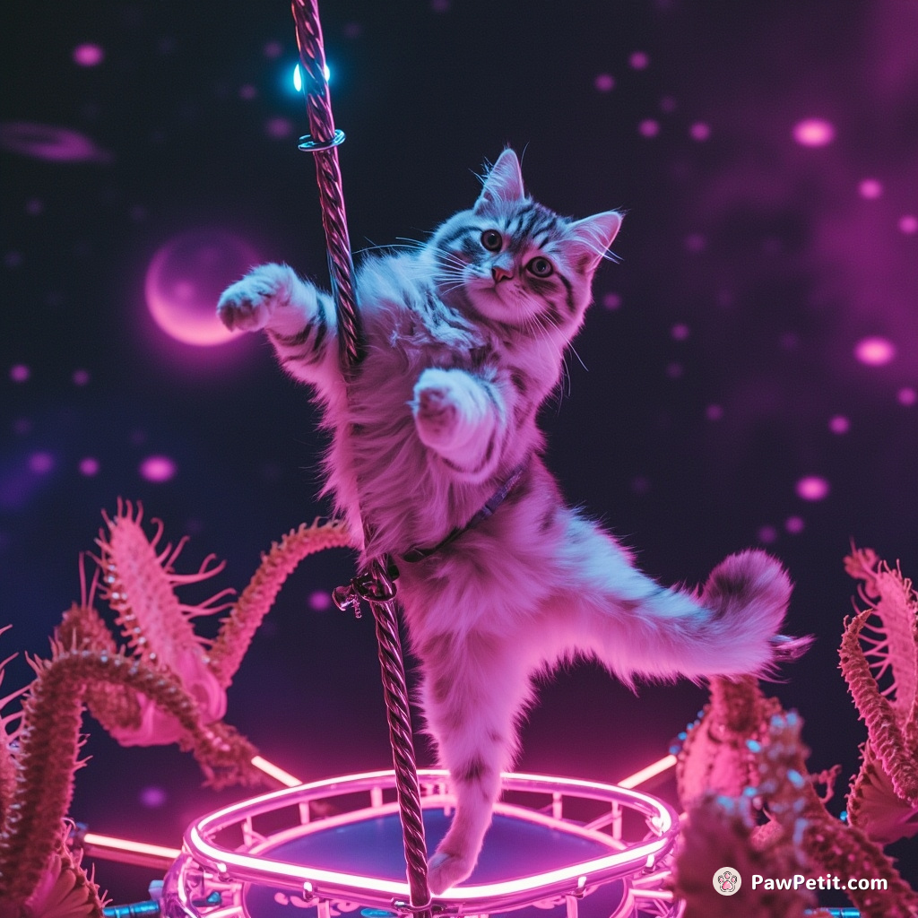 A neon Persian cat doing cartwheel on a Venus flytrap carousel in outer space, without a spacesuit.