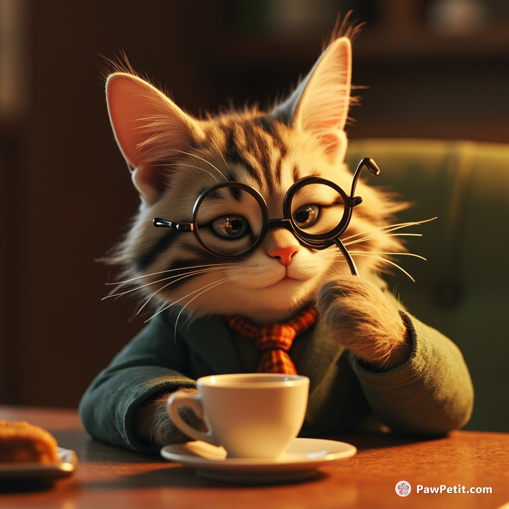 The cat sips tea with a paw, wearing tiny spectacles and a monocle, feigning deep contemplation.