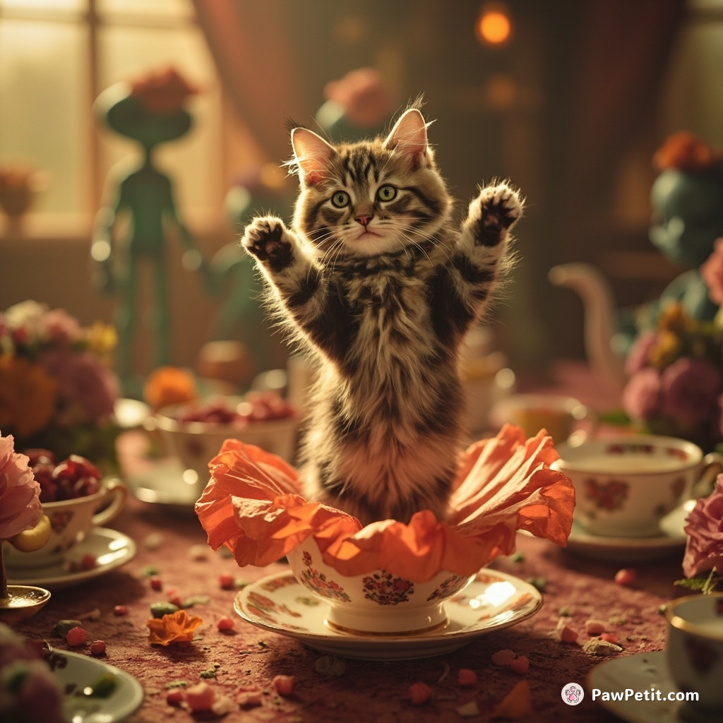 Cat doing a flamenco dance on a flower petal floating in a teacup amidst an alien tea party.