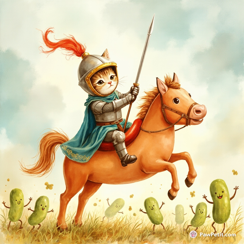 A knight-cat jousting on a hotdog horse in a kingdom of dancing pickles.