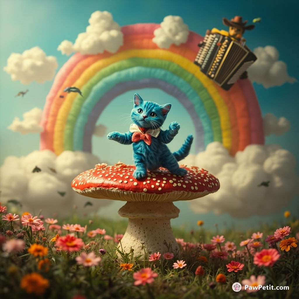 A blue cat dancing flamenco on a gigantic mushroom, under a sentient rainbow that's playing an accordion.