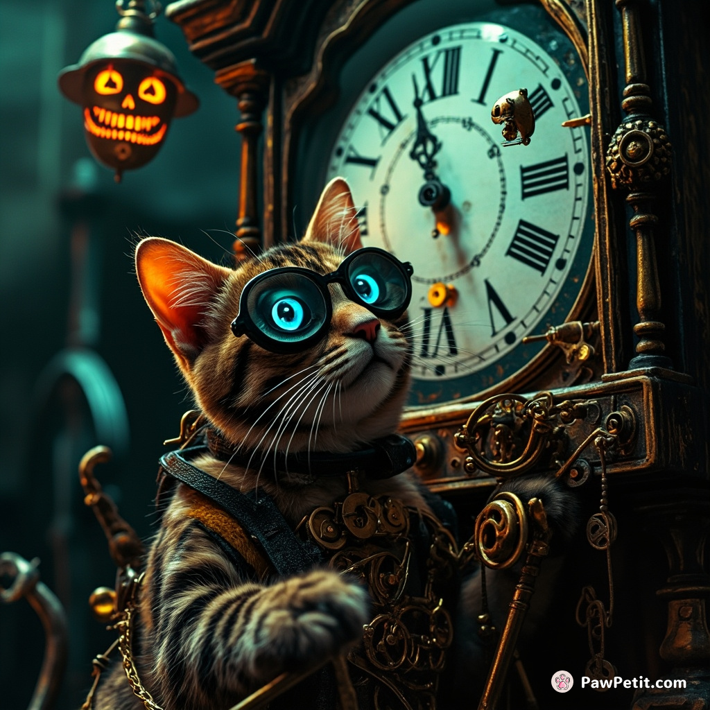 A steampunk cat orchestrating its mechanical mouse orchestra out of old watch parts inside a haunted grandfather clock