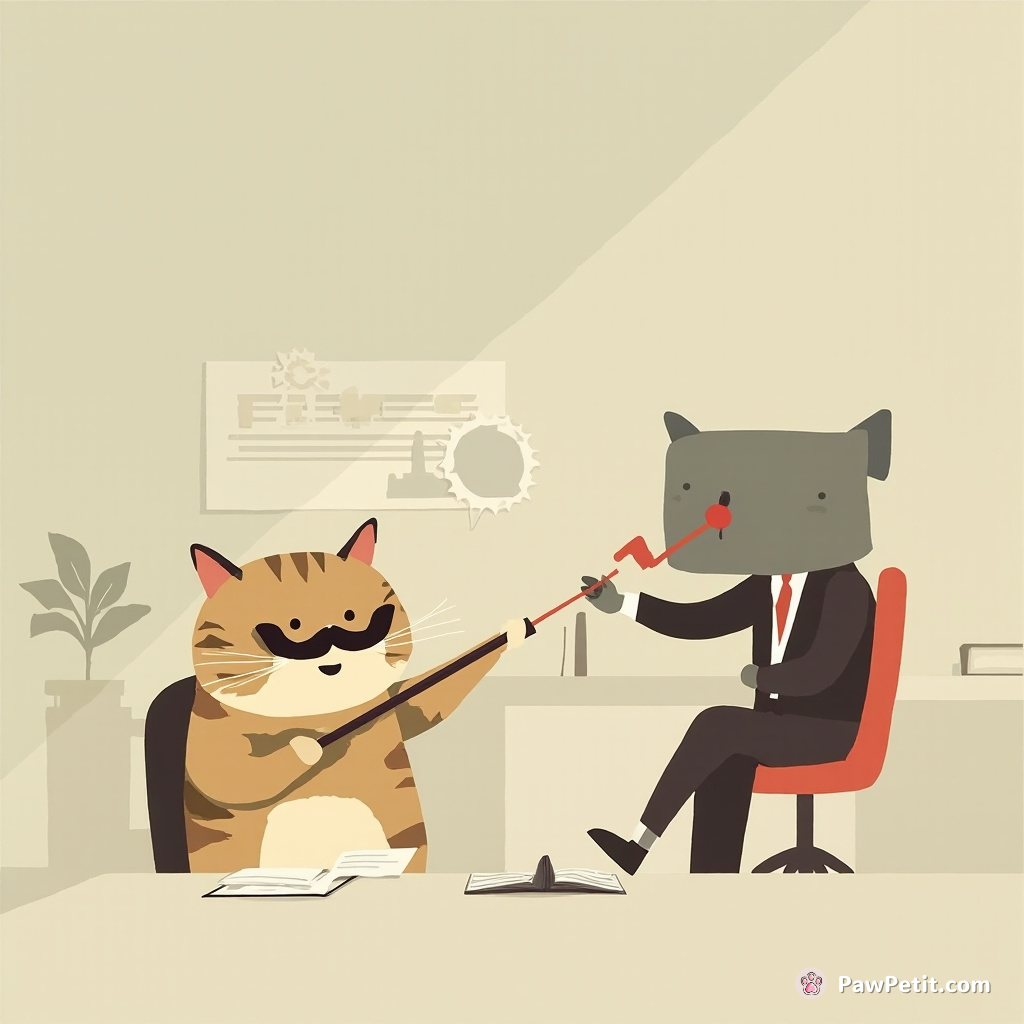 Cat dons fake mustache, attends board meeting, swats laser pointer unpredictably across slides - office productivity plummeting hilariously.