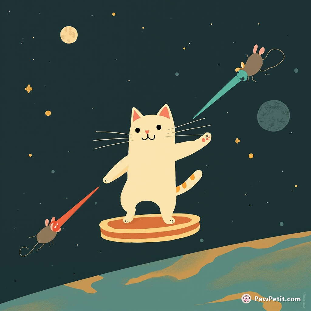 A cat tap dancing on a flying pancake in space, shooting lasers from its eyes at alien mice invading Earth.