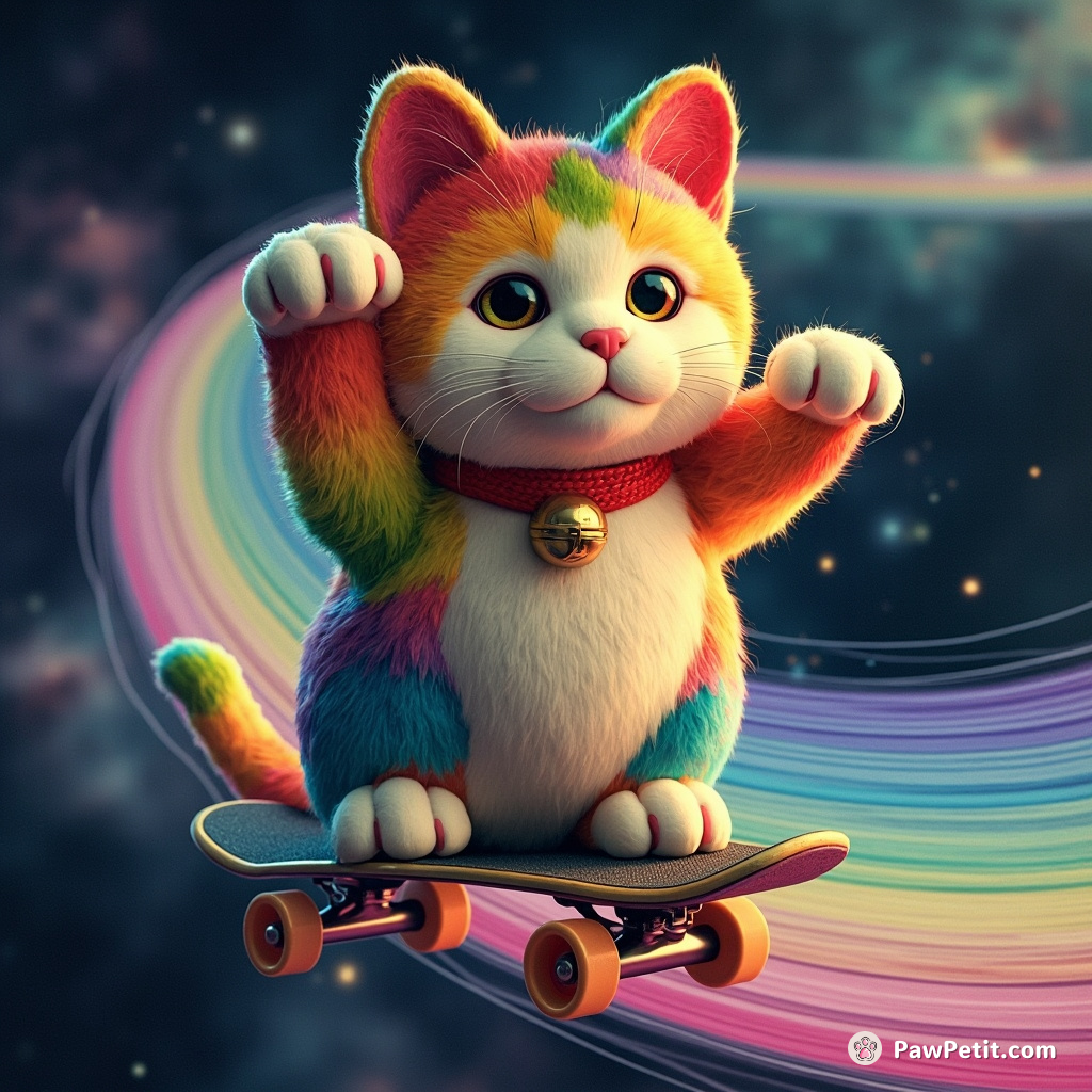 A rainbow colored cat skateboarding on a curving ribbon of space-time amidst the cosmos.