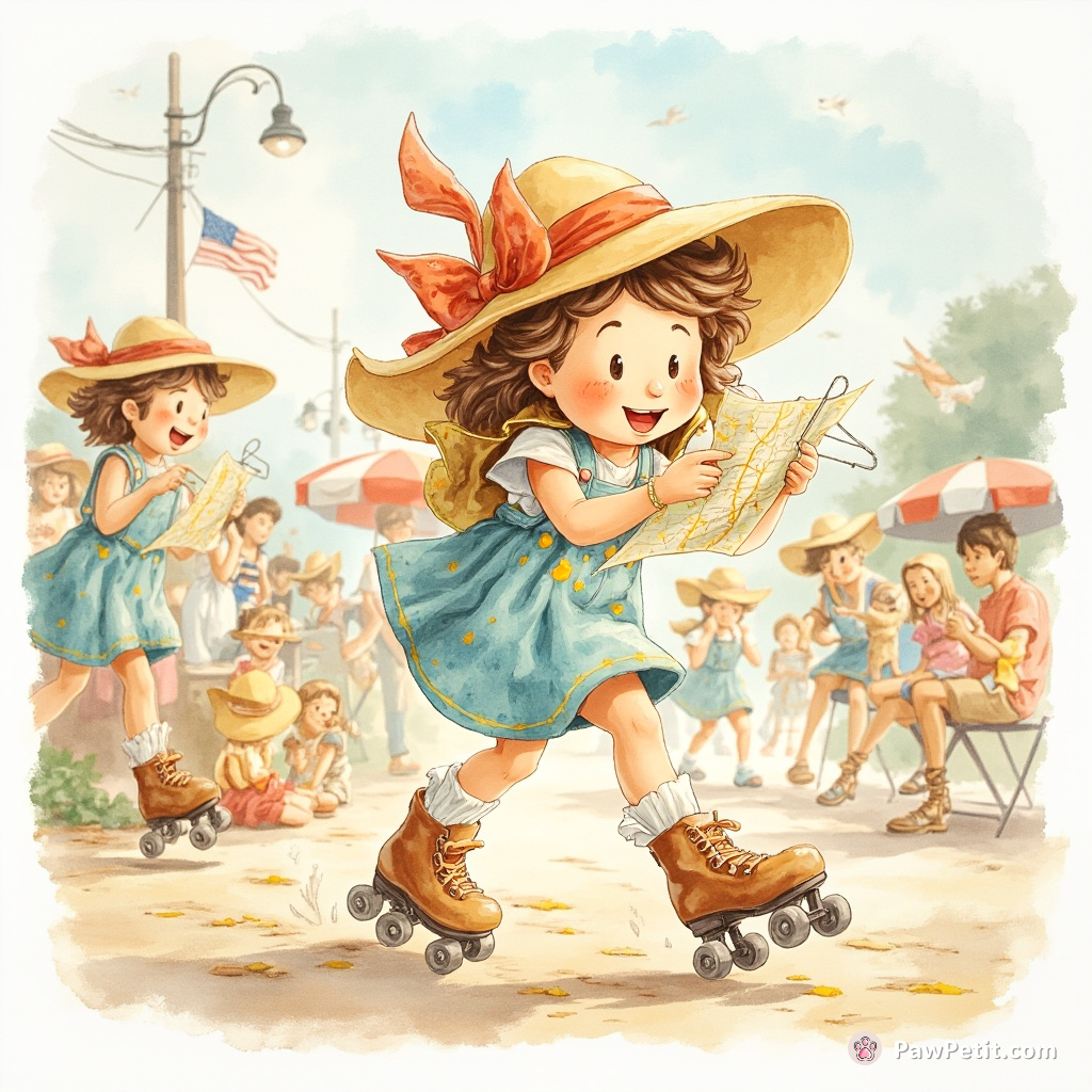 Amid morning chaos, Tabby, wearing sun-hat, ungracefully teetering in roller-skates fumbled her lemonade-drenched map— unraveling wire hanger as ersatz compass.