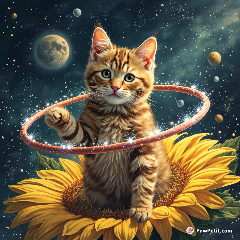 A cat hula-hooping on a sunflower in outer space, crystal stardust raining down.