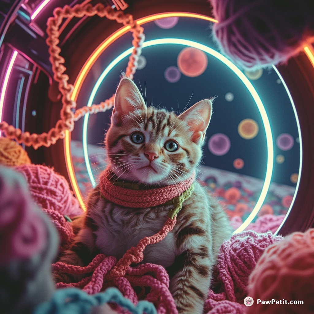 Cyborg cat in a spaceship using an infinity mirror to manipulate anti-gravity yarn balls