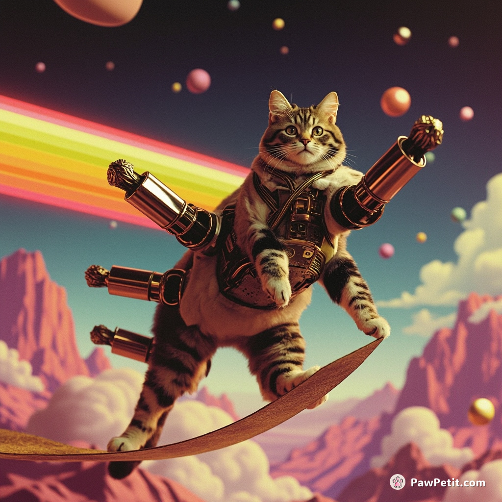 A four-armed, mechanical cat cautiously tightroping across a rainbow-striped laser beam in a retro 60s-style psychedelic wonderland.