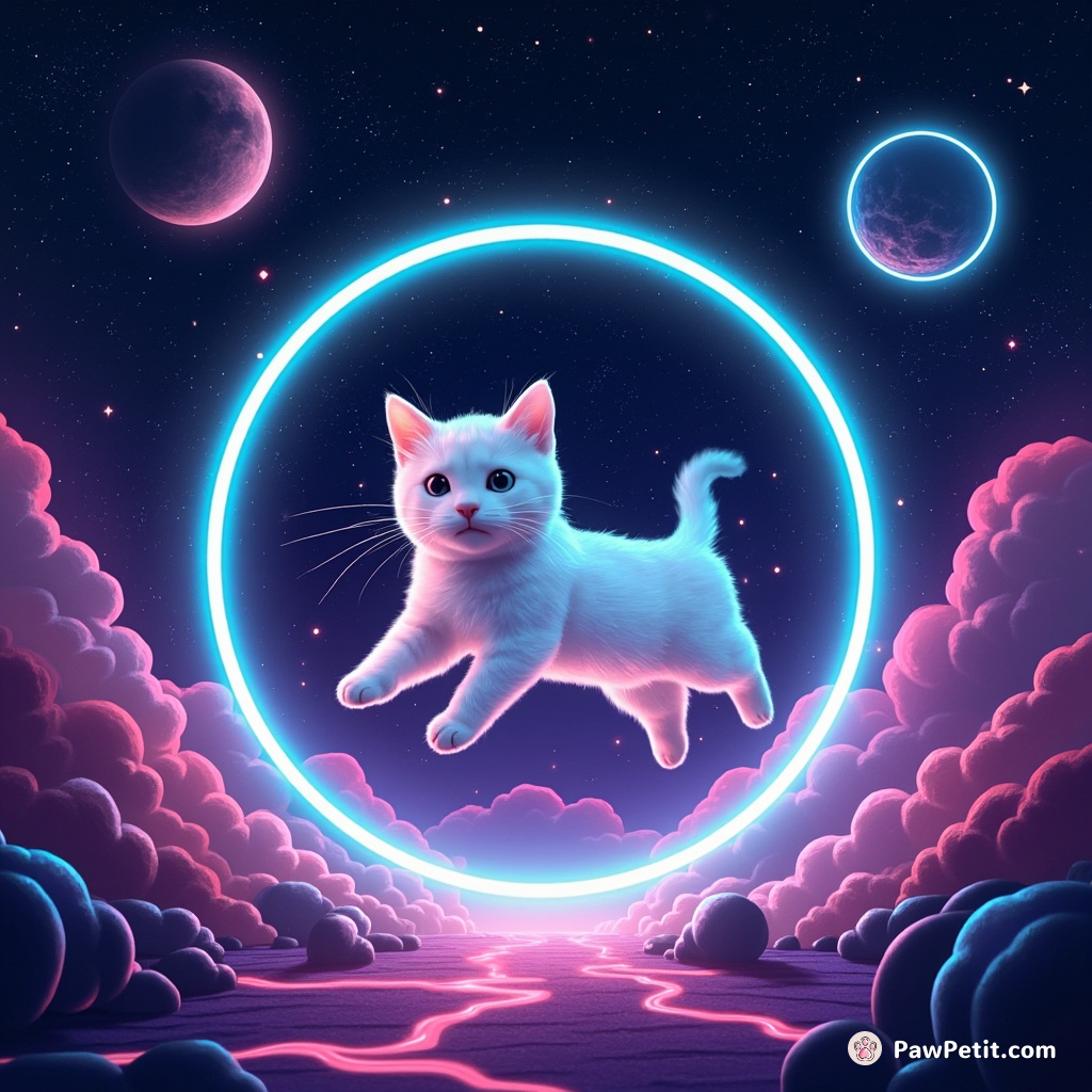 The digital cat leaps through glowing portals, weaving between neon landscapes and binary constellations.
