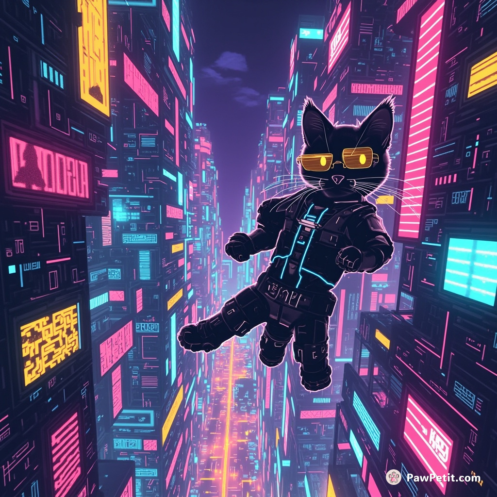 Navigating neon skyscrapers, the cybernetic cat wirelessly bypasses a bustling city's AI security, leaping into an unclosed hyperspeed elevator.