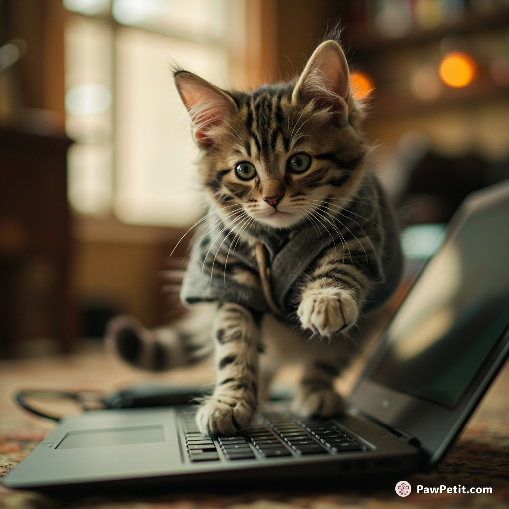 Whiskers tiptoes like a gymnast, balancing precariously upon laptop keyboards to appear absorbed in 'serious' work just like her human.