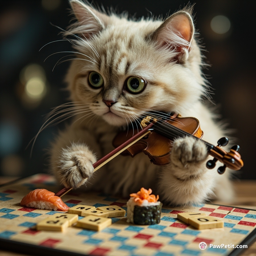 A cyborg cat dissecting an intergalactic sushi roll on a levitating Scrabble board while playing the violin.