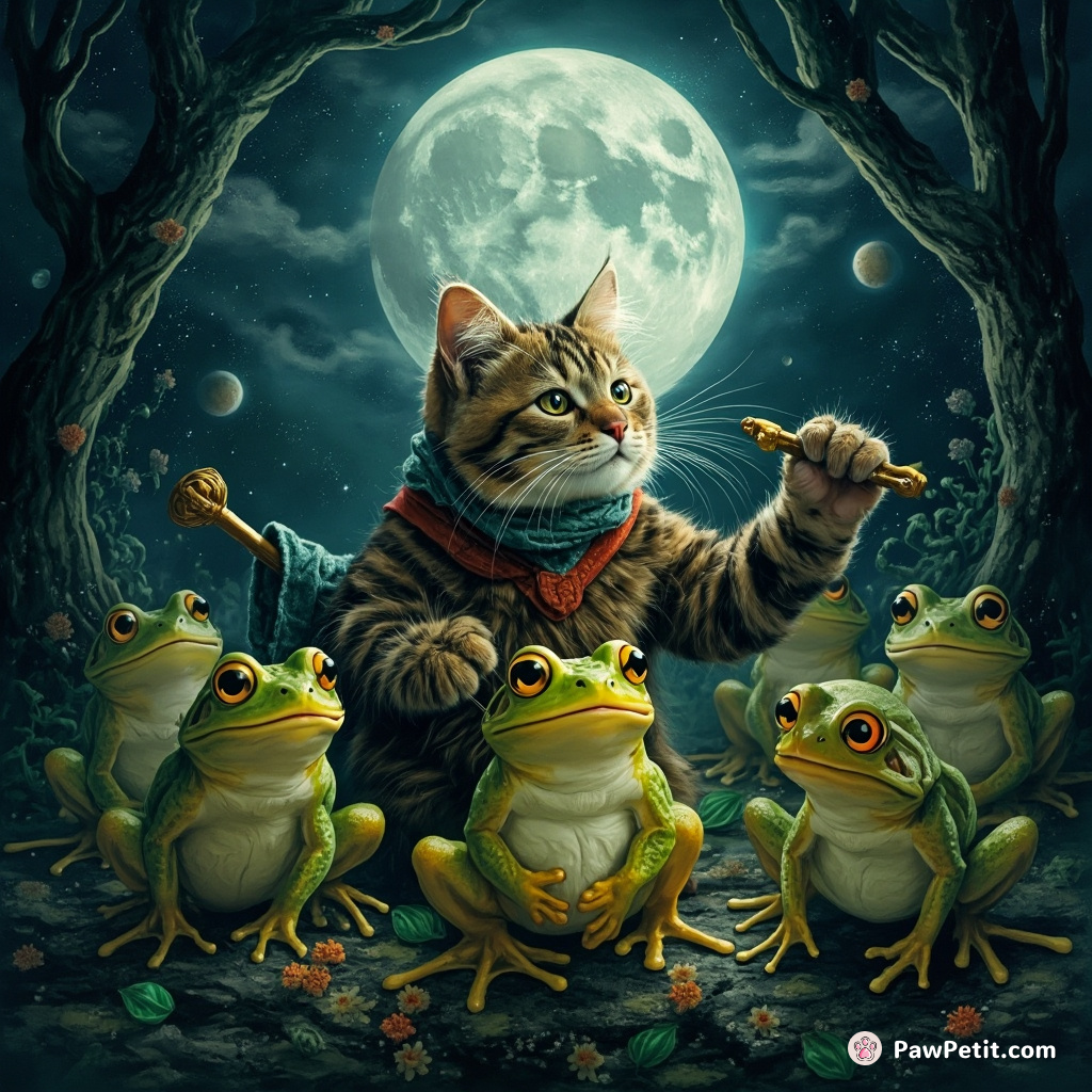 A cat conducting a symphony of frogs under a full moon.