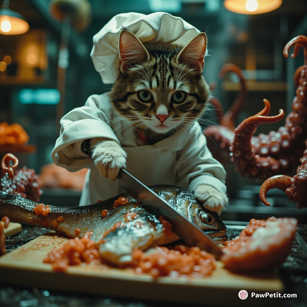 Cat-sushi chef slicing a giant fish in an octopus-operated undersea kitchen.