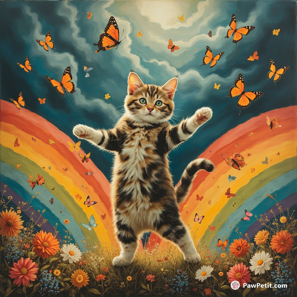 A cat dancing the samba with a flock of butterflies on top of vibrant, living rainbows in a summer storm.