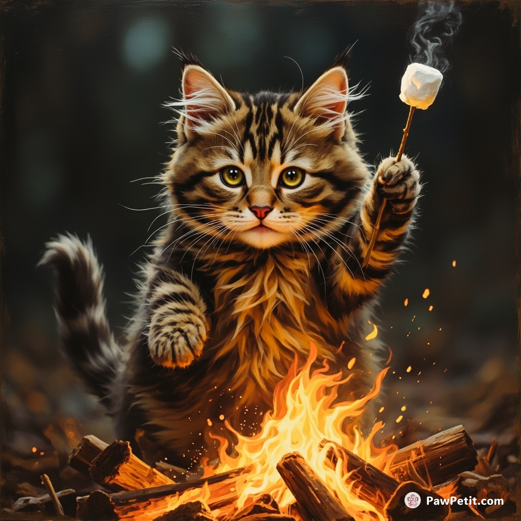 Indignant cat attempts campfire marshmallow roast, dances in dramatic surprise when his paw catches the sticky treat instead.