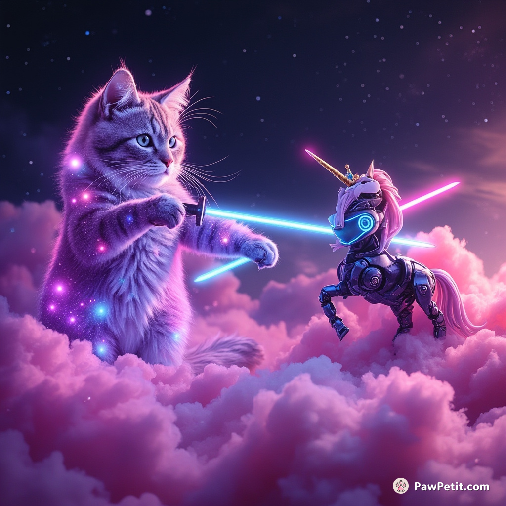 A neon cat composed of interstellar galaxies sword-fighting with a robot unicorn on a cotton candy cloud.