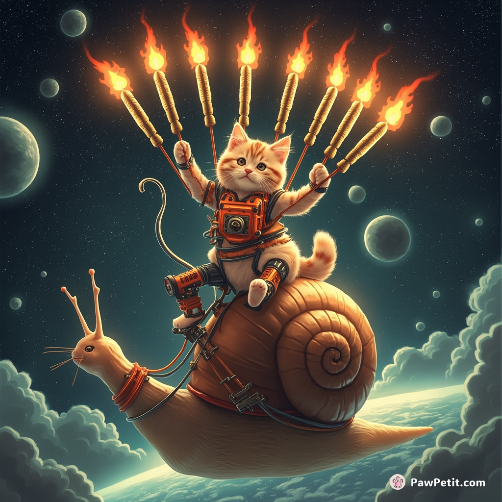 Cybernetic cat balancing ten flaming sardine skewers while singing opera on a floating snail in outer space.