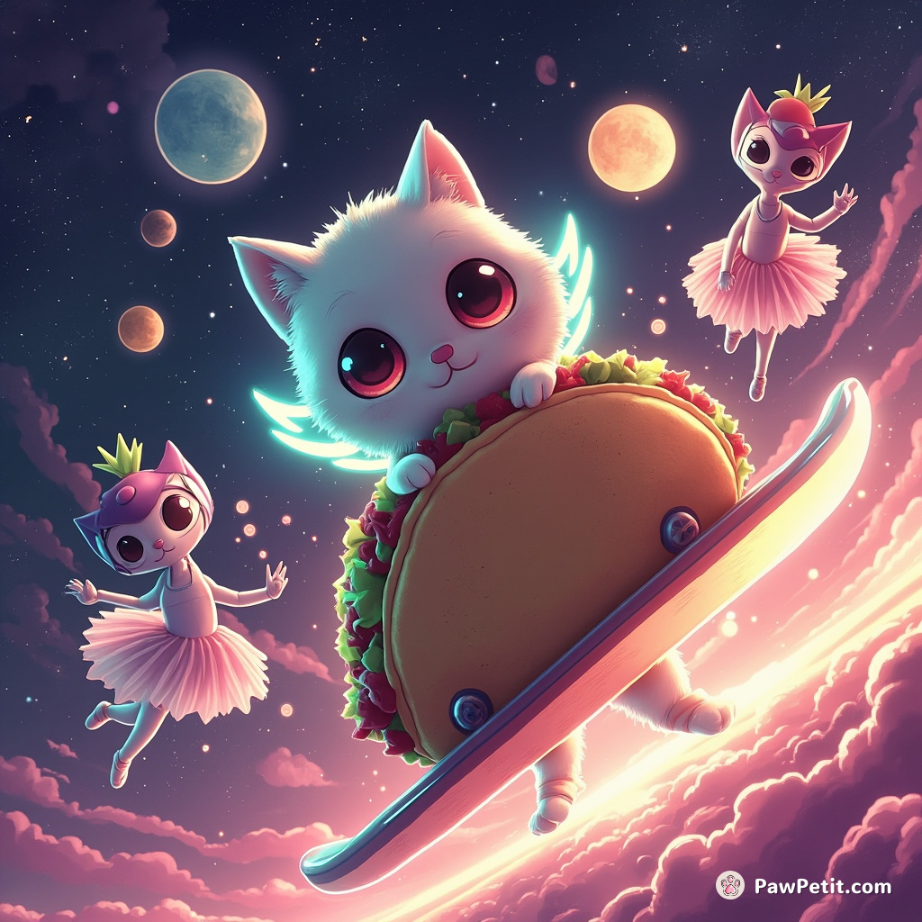 Cat surfing on a space taco while being cheered by aliens in neon tutus.