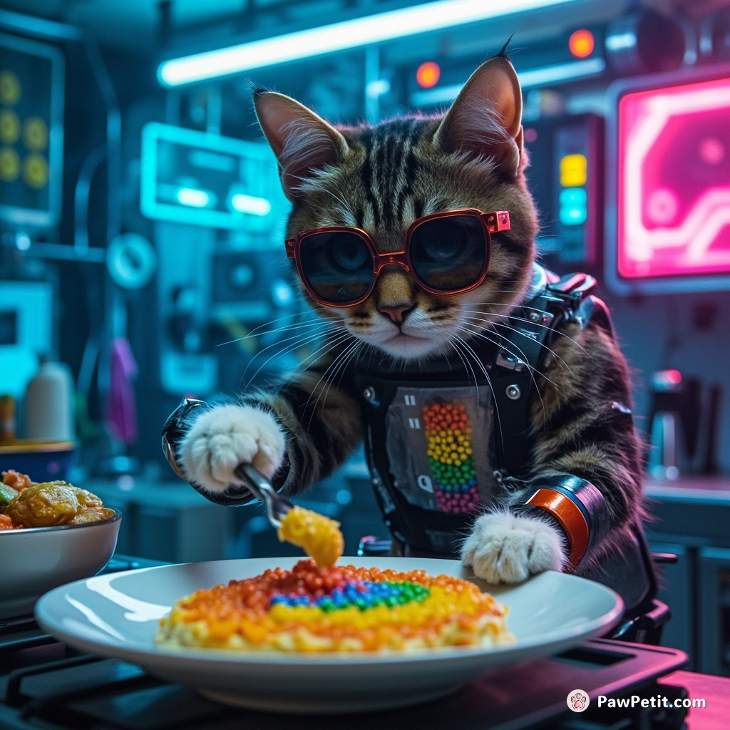 Cybernetic cat chef whipping up a rainbow caviar omelette in an underwater retro future kitchen.