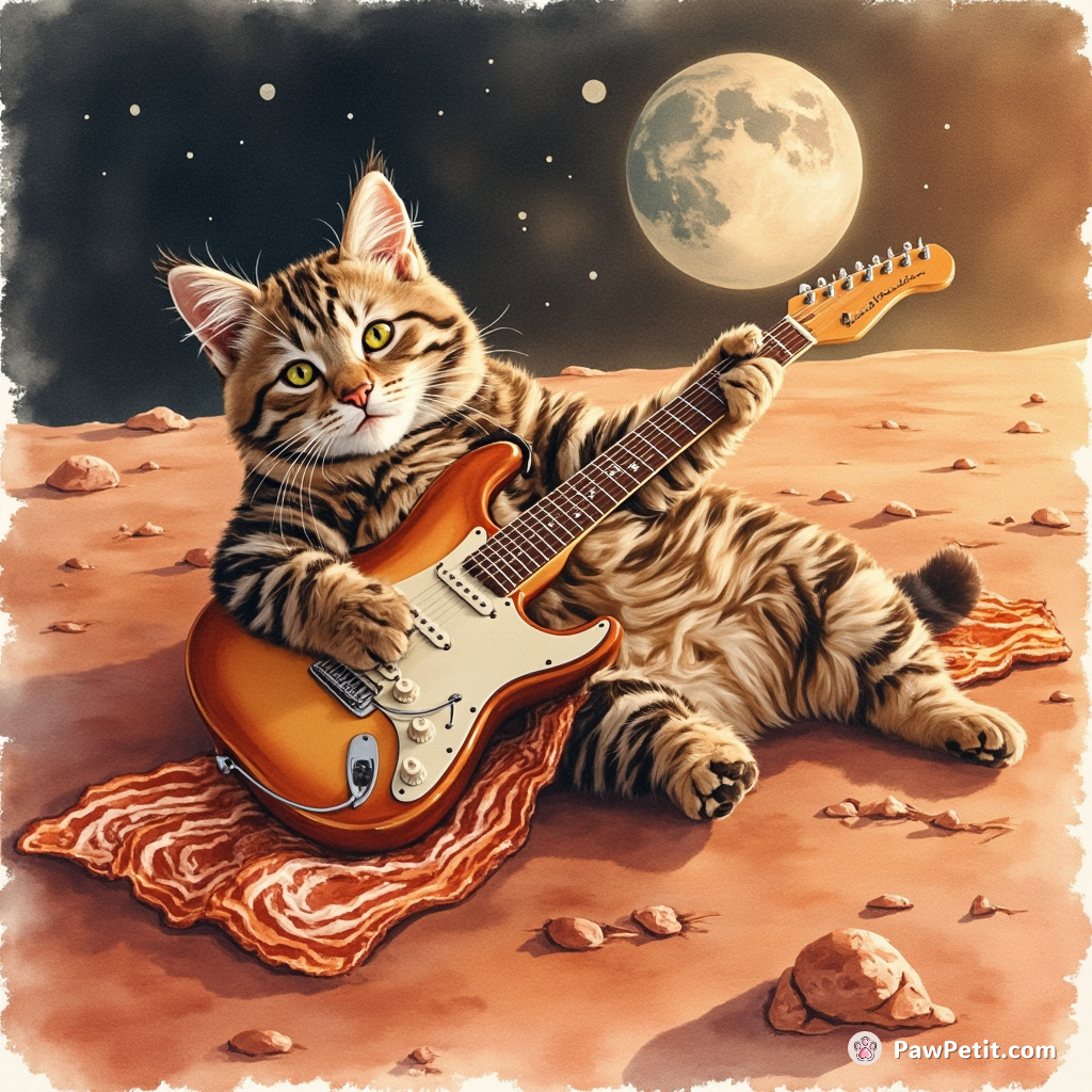 A tabby cat, with a quizzical expression, lounging on a sizzling strip of bacon while playing an electric guitar on Mars.
