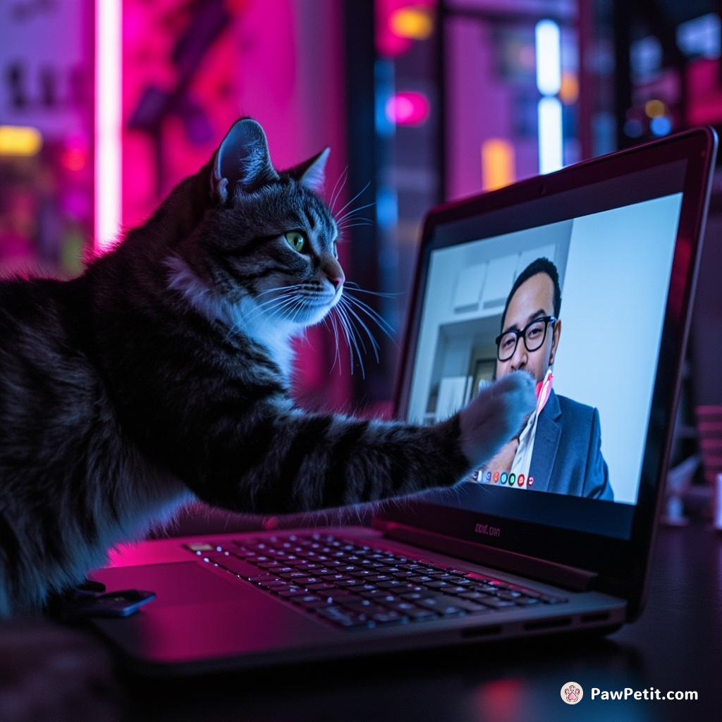 Cat mistakes a laptop's blinking cursor for a bug and paws at it furiously, disrupting the owner's Zoom meeting.
