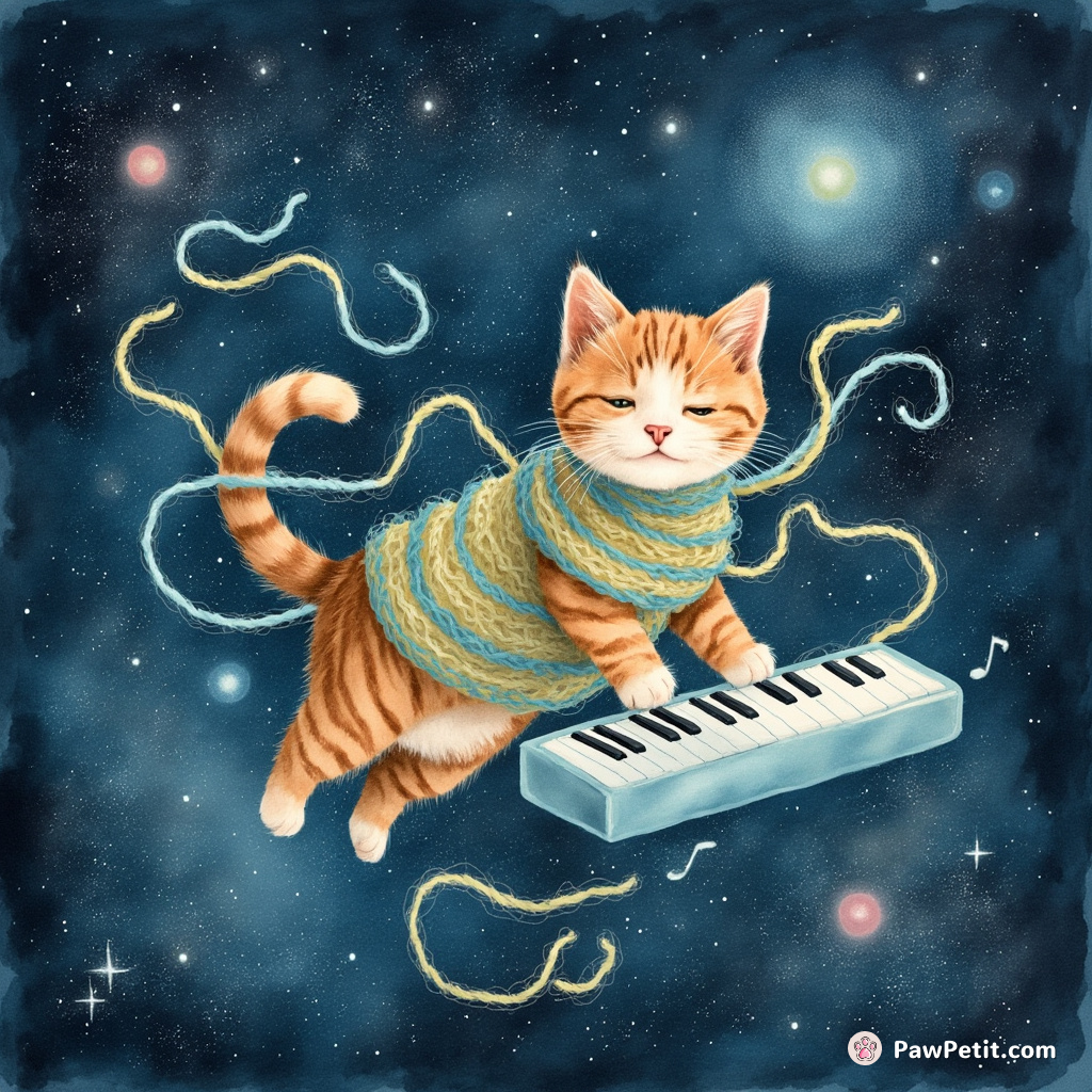 A cat floating through space entangled in a phosphorescent yarn galaxy, playing celestial music on a keyboard made of frosted glass.
