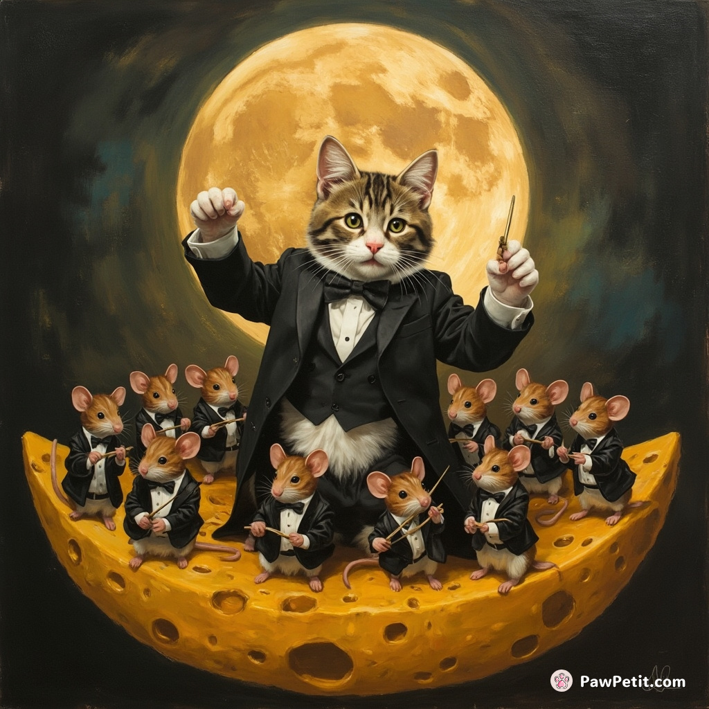 A sophisticated cat conducting a symphony orchestra of field mice wearing tiny tuxedos, on a floating cheese moon.