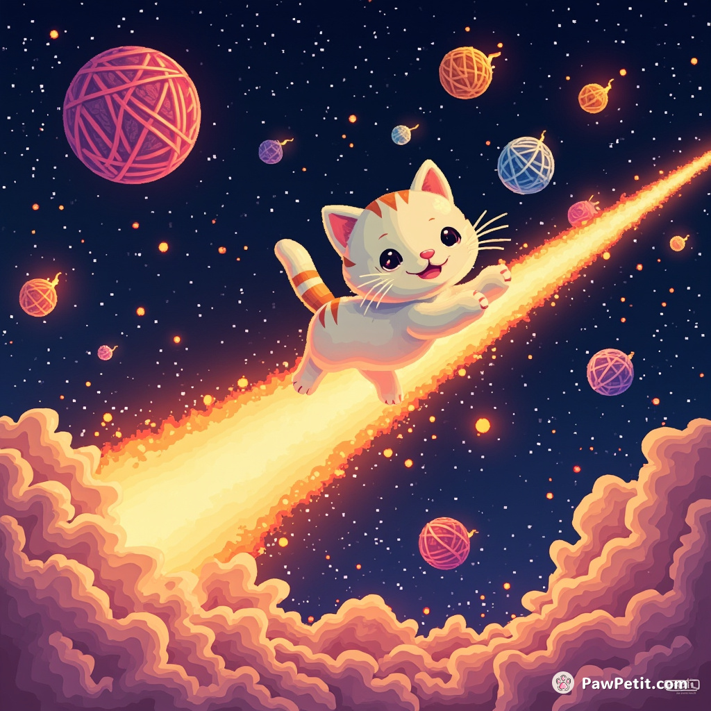 A cat riding a comet through an almond milk galaxy, juggling balls of flaming yarn.